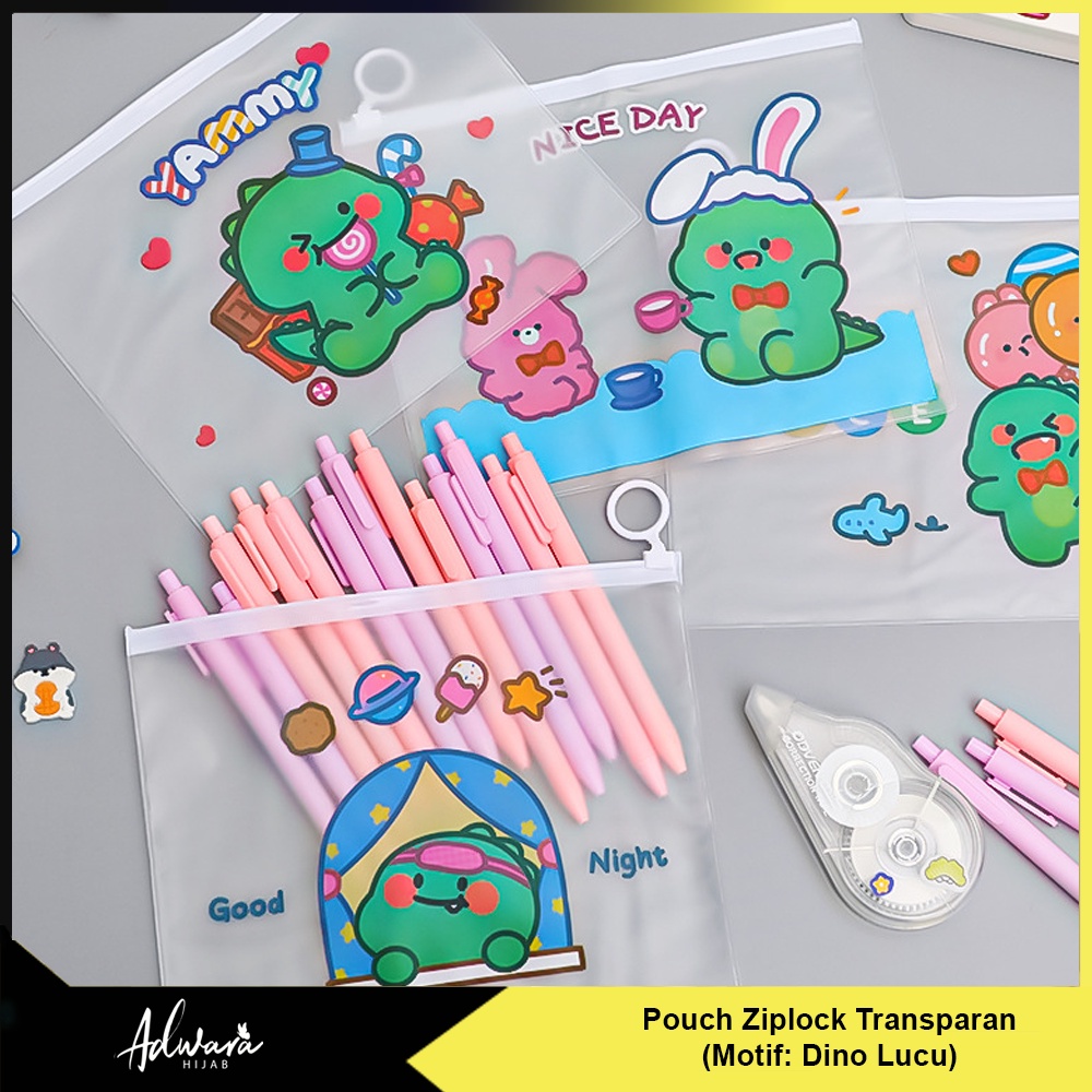 Travel Pouch Ziplock Motif Dino Lucu Anti Air / Tempat Penyimpanan Serbaguna Transparan