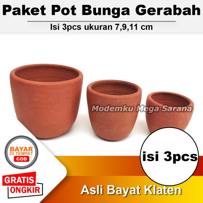 Paket isi 3 - Pot Bunga Gerabah Terakota Tanah Liat Vas Tembikar