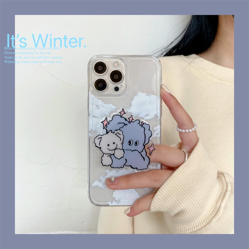 Case Pelindung Motif Awan Putih Dengan Holder Gajah Untuk Iphone 7 8 PLUS X XR XS 11 12 13 MINI PRO MAX SE 2020