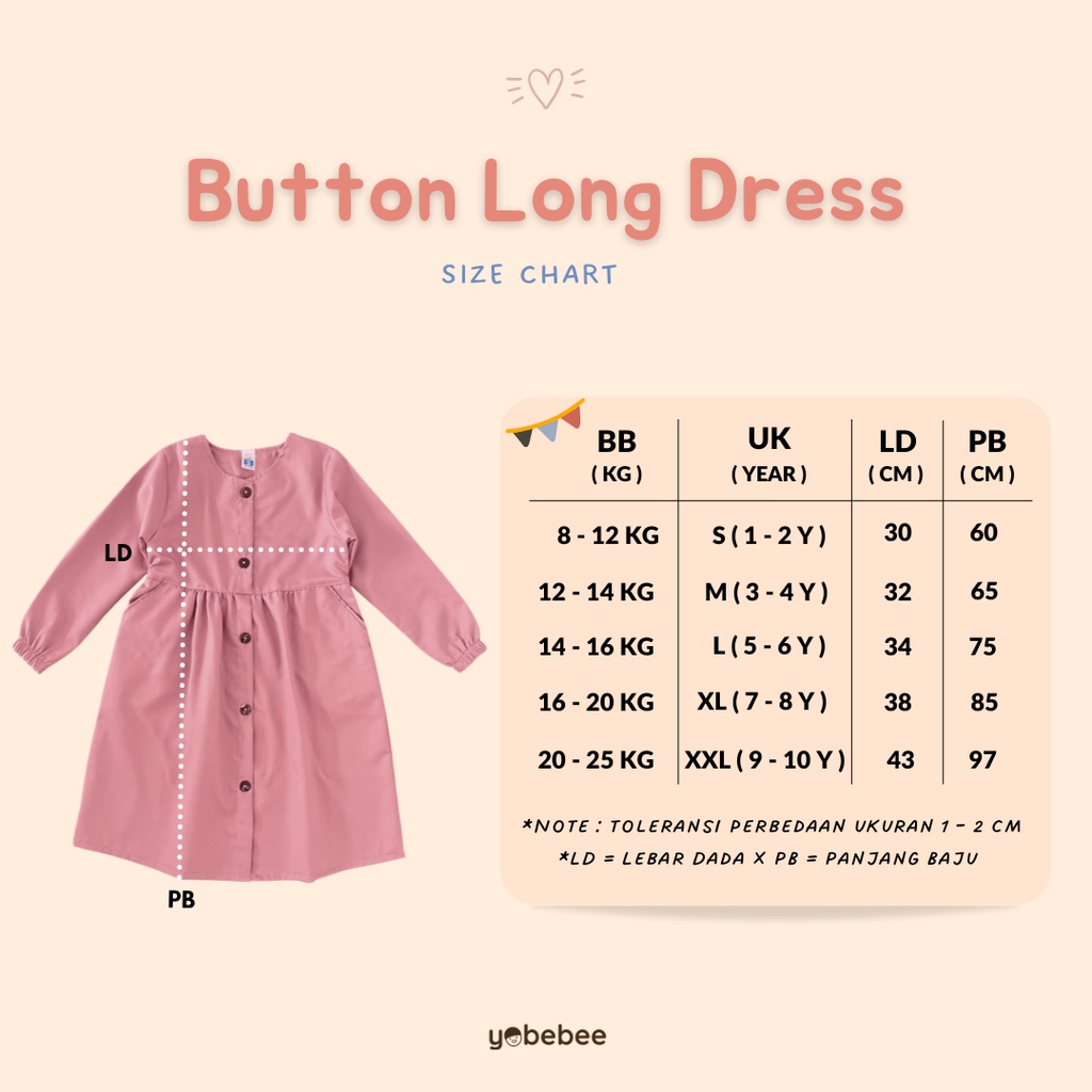 Yobebee Button Long Dress Anak Perempuan Usia 2 3 4 6 8 Tahun Baju Gamis Anak Gaun Babydoll Korea Daster Kids Basic Polos Katun Lembut Model Baju Muslim Ngaji Anak Cewek