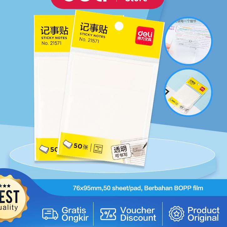 

ン Deli Semitransparent Sticky Notes / Memo Tempel Semi Transparan 76x95mm 50 Lembar/Pad Lem Kuat 21571 Promo