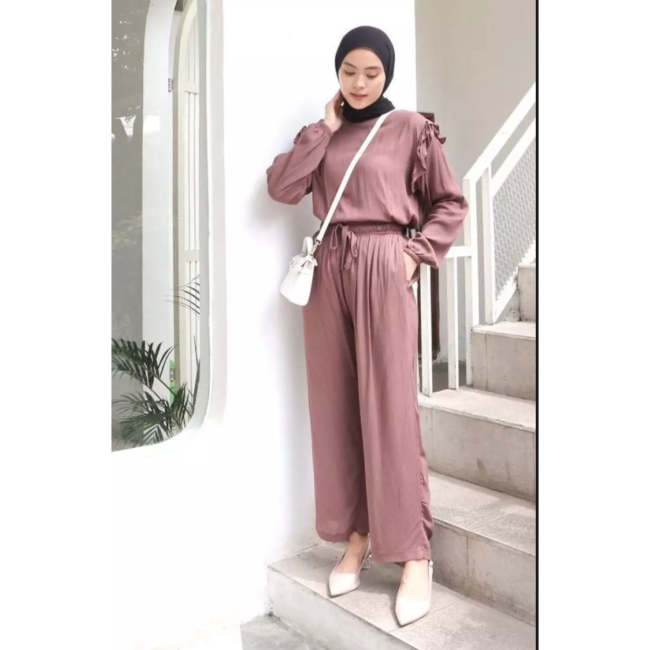 ONESET SETELAN SETCEL BLOUSE WANITA CRINKLE