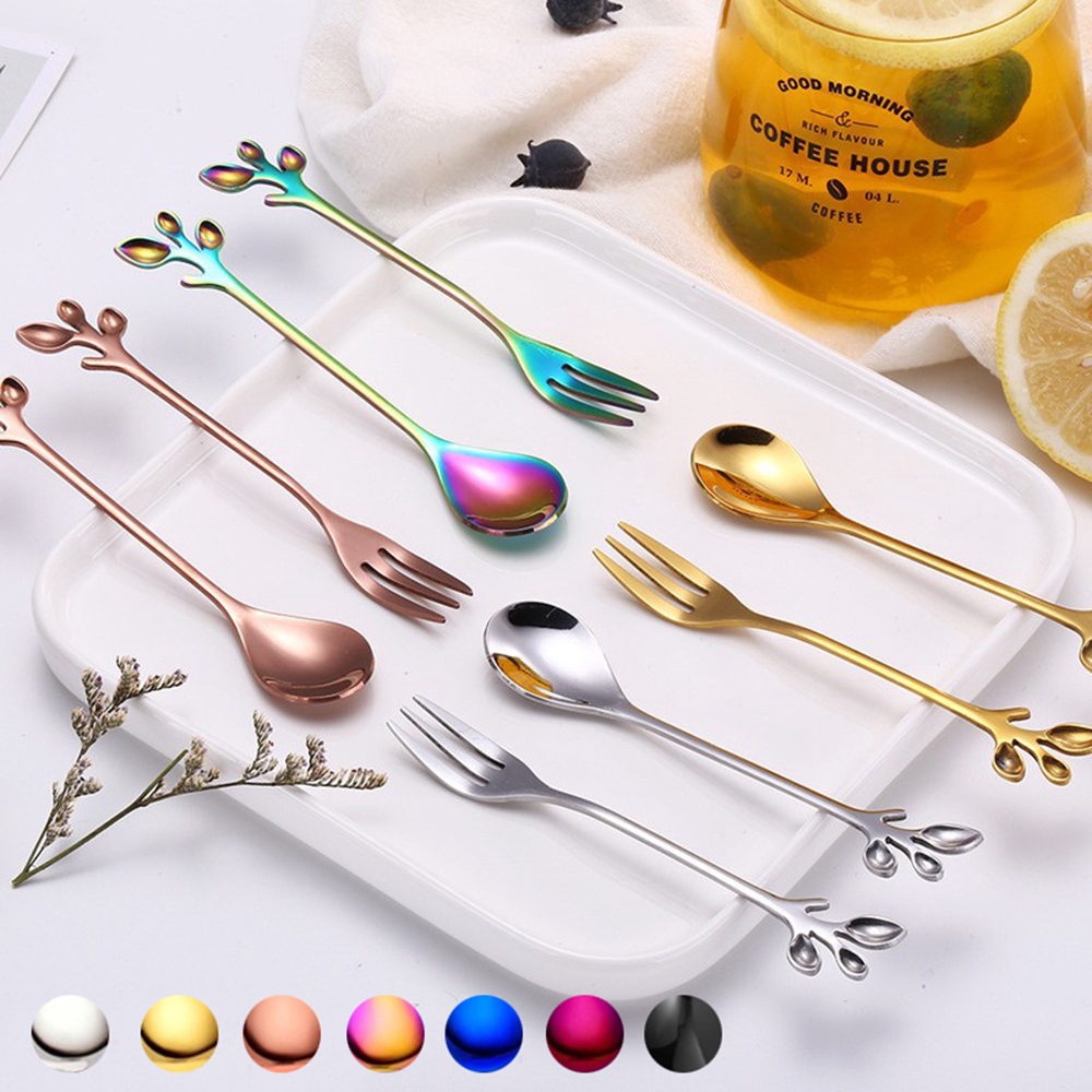 REBUY Kitchen Delicate with Long Stem Fruit Fork Stainless Steel Tea Spoon