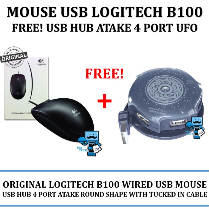 Mouse Logitech B100 FREE bonus Usb Hub Atake 4 Port UFO Round Shape