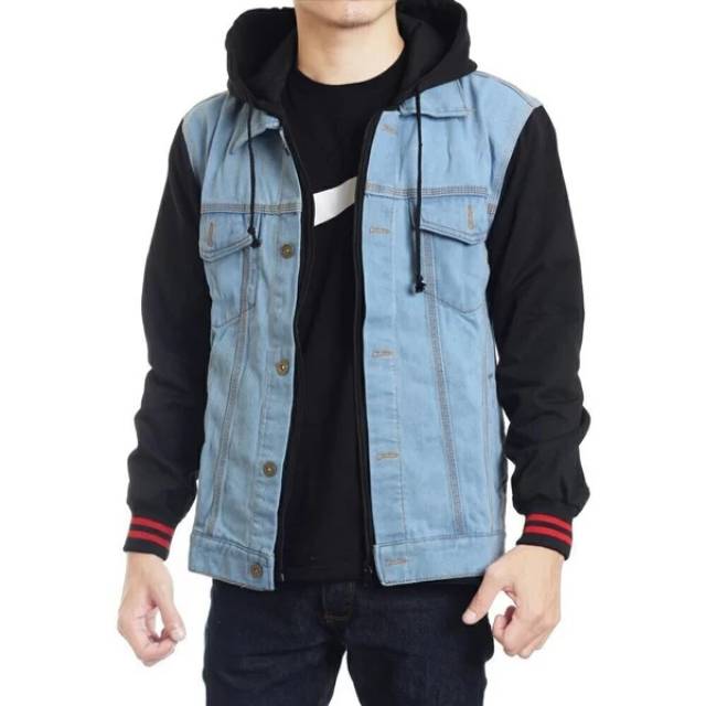Jaket Jeans Denim Boy Hoodie Hitam Double Sleeting - Bioblitz