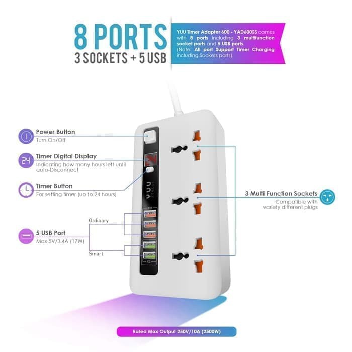 POWER SOCKETS ADAPTER WITH CHARGER TIMER AUTO DISCONNECT YUU YAD600SS