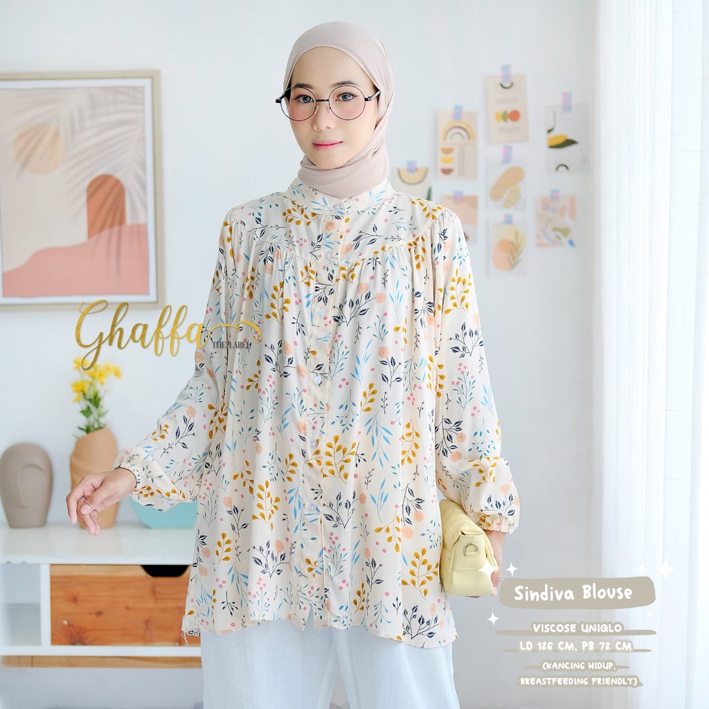 Gaffa Sindiva Blouse Motif Wanita Kekinian Vintage Viscose Uniqlo Pastel Solo Lengan Panjang Hijaber