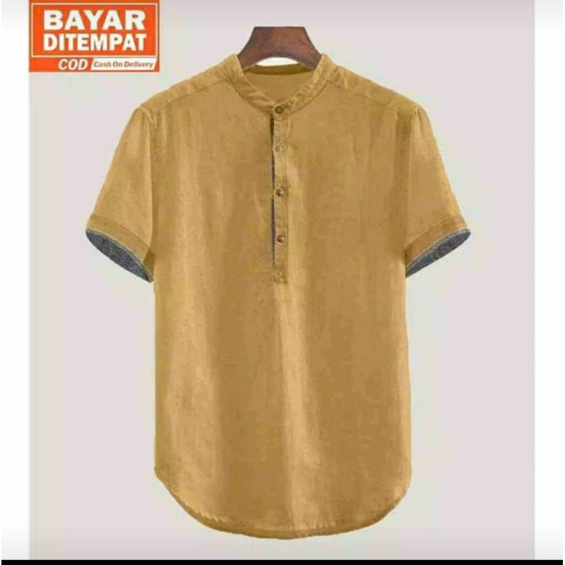 Kurta Hanafi Casual Lengan Pendek Pakistan Baju Koko Lengan Pendek Trendy-Mustard