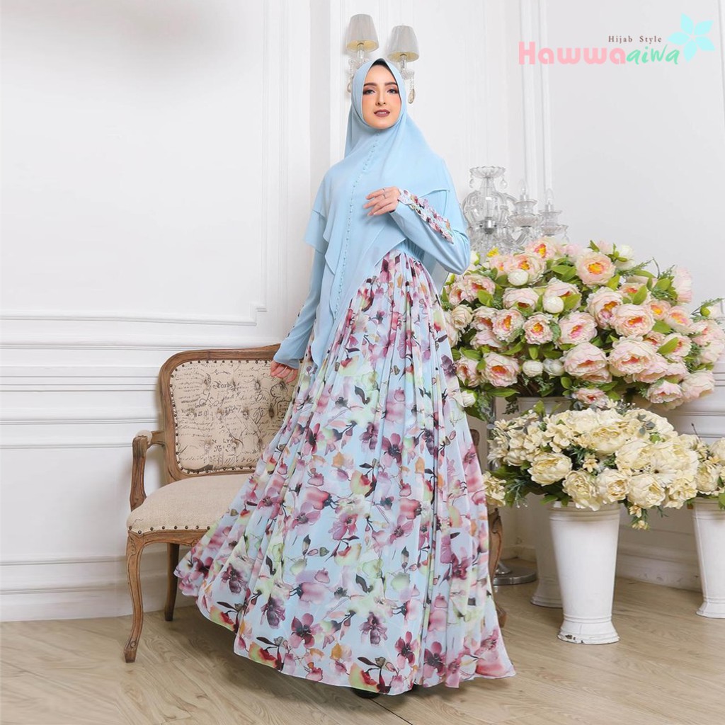 SHERLY FLOWER Hawwa Aiwa Gamis Motif Printing Bunga Cantik Khimar Syari Polos Payet Babydoll Busui O