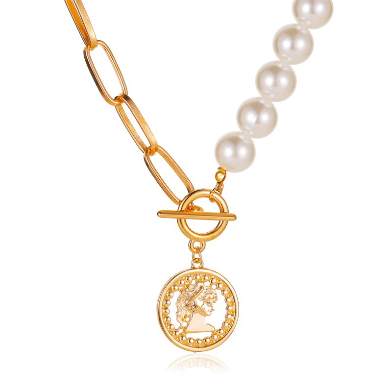 Kalung Rantai Dengan Liontin Mutiara Dan Koin Gaya Retro Untuk Wanita