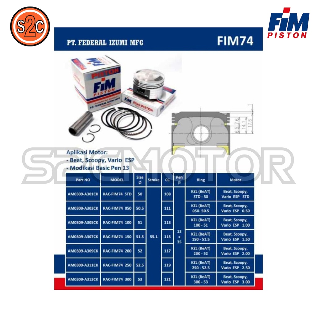PISTON KIT BEAT ESP VARIO 110 FI SCOOPY FI FIM74 PIN 13 FIM 74-2