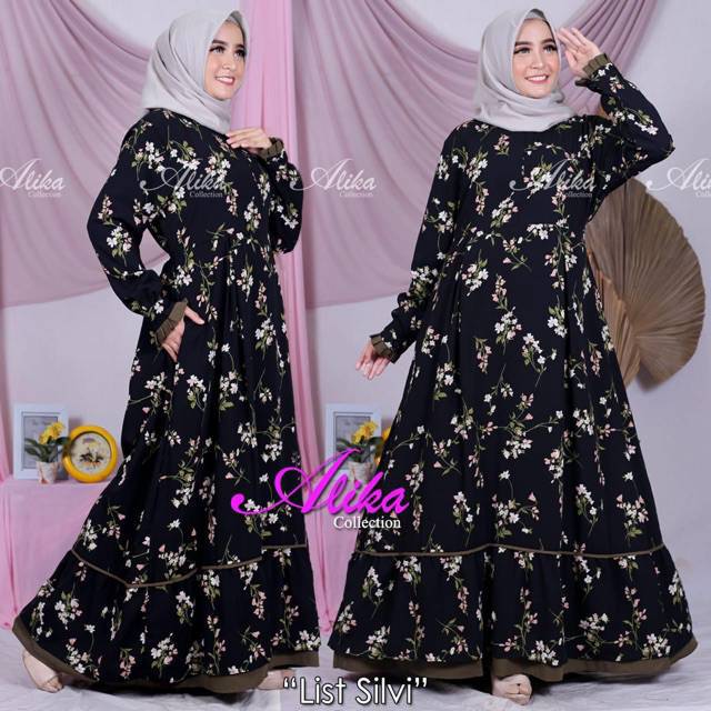 Gamis monalisa motif bunga Black
