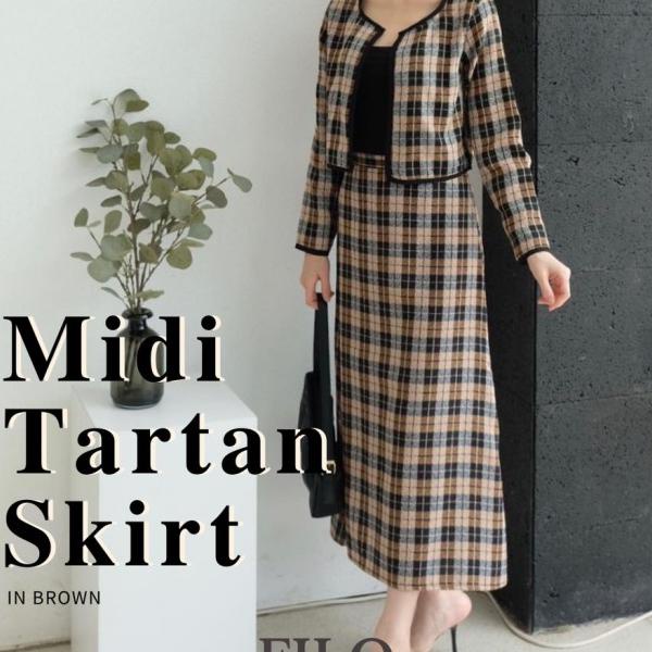 Midi Tartan Skirt Rok Midi Kotak-Kotak Korean Style SIZE S-L - Brown, S