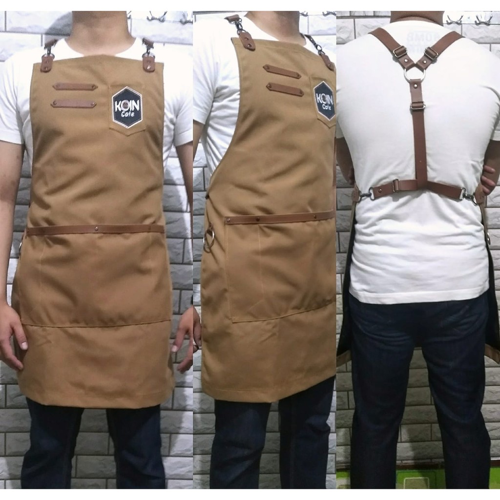 apron barista celemek cafe kanvas waterproof 100 % &amp; synthetic leather Y strep include bordir logo