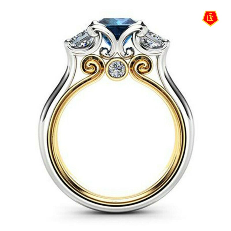 [Ready Stock]14K Gold Two-Color Navy Blue Topaz Square Diamond Ring for Women