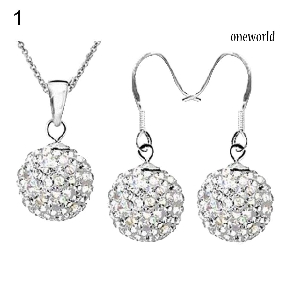OW@ 2Pcs/Set Women Ball Shaped Charm Rhinestone Hook Earrings Necklace Jewelry Gift