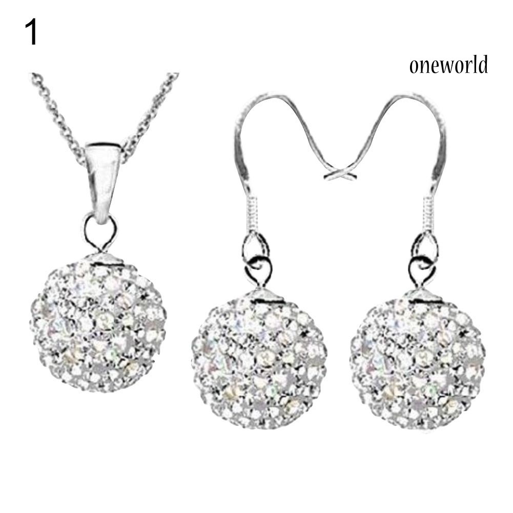 OW@ 2Pcs/Set Women Ball Shaped Charm Rhinestone Hook Earrings Necklace Jewelry Gift