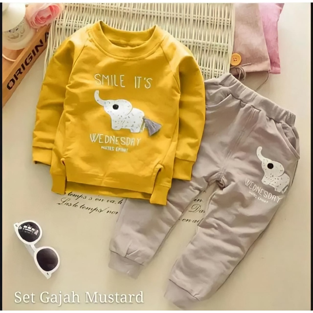 SETELAN JOGER ANAK/SETELAN SWEATER GAJAH BORDIR PILIH WARNA 1-5 TAHUN