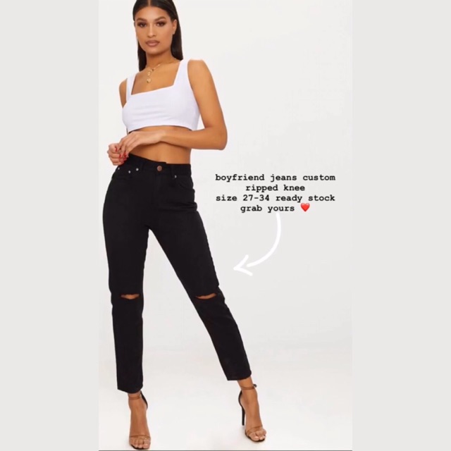 boyfriend hitam custom ripped knee / boyfriend jeans hitam wanita sobek lutut