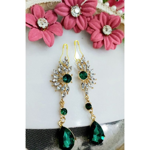 A114 anting hijab juntai full diamond green_anting jilbab