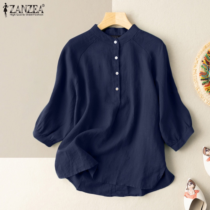 ZANZEA Women Daily Casual Solid Color Stand-Up Collar 3/4 Sleeves Loose Blouse