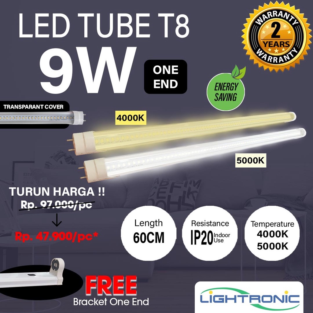 LAMPU LED TUBE LIGHT TL 4T 5T T8 9W 9 WATT PUTIH 5000K / KUNING 4000K 60CM TRANSPARENT COVER LIGHTRO