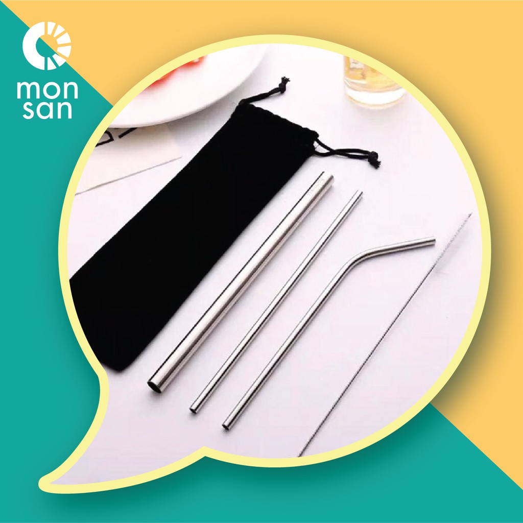 Sedotan Minuman Lurus Bengkok Stainles Alat Minum Pipet Set 5 in 1 Juice Boba Milk Ice Thai Tea