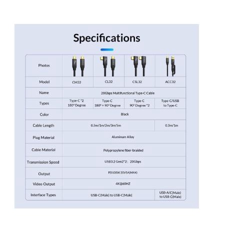 Type c thunderbolt to usb-c 3.2 L-shape cable orico 100cm 1 meter 1m gold sync charge 20Gbps 4k 60hz pd 100w 5A bi-direct cl32-10
