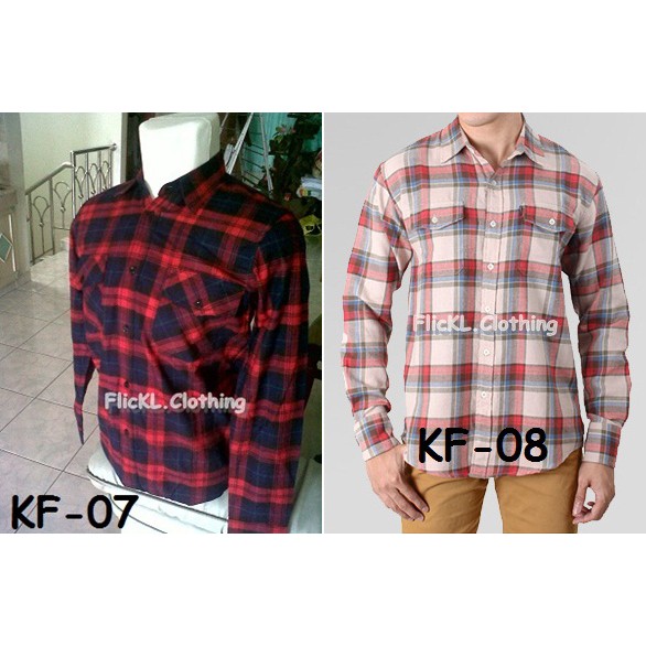 Kemeja Flanel Kotak Kotak Katun Lengan Panjang Lengan Pendek Motif Corak Garis