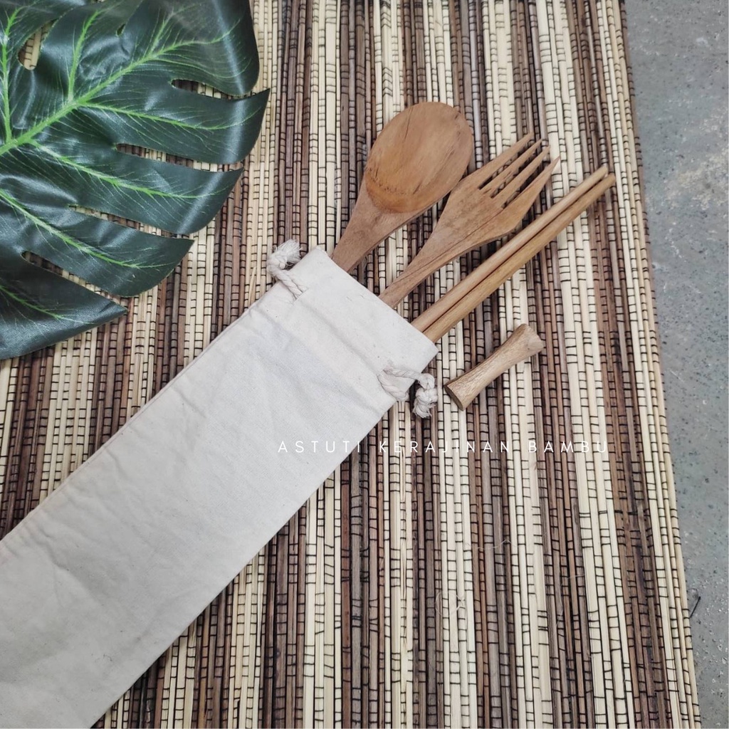 Cutlery Set Kayu Jati Pouch Serut Blacu/Cutlery Set Kayu Jati/Alat Makan Kayu Jati/Sendok Garpu Jati