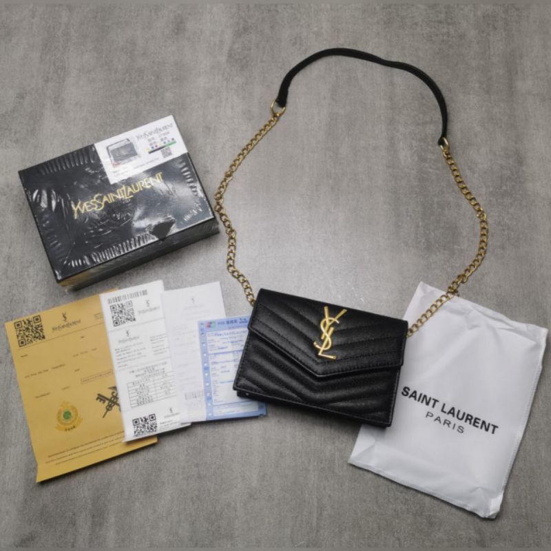 YSL Sling Bag Wanita Black-Gold Full Set Mirror