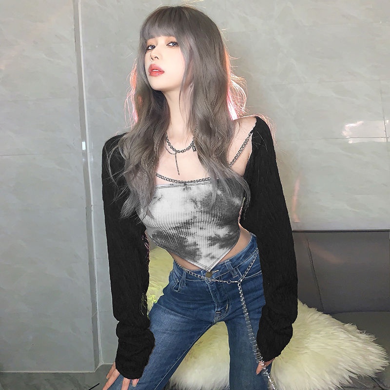 Drama Amerika Sayang Babes Retro Tie-Dye Tube Top Pendek Luar Lengan Panjang T-shirt Atasan Skema Du