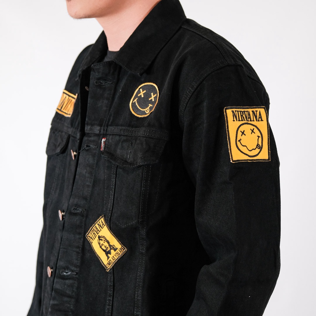 Jaket Jeans Bordir Hitam / Jaket Denim Patch Band - Nirvana