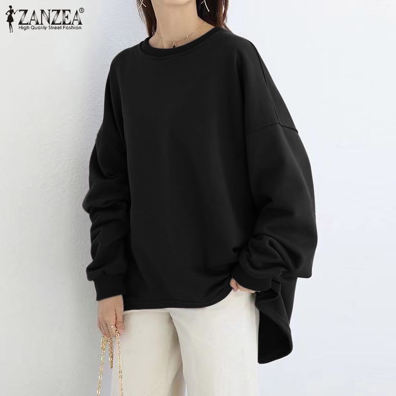 ZANZEA Womens Long Sleeve Loose Casual Sweatshirt Pullover Plain High Low Sweater Shirt