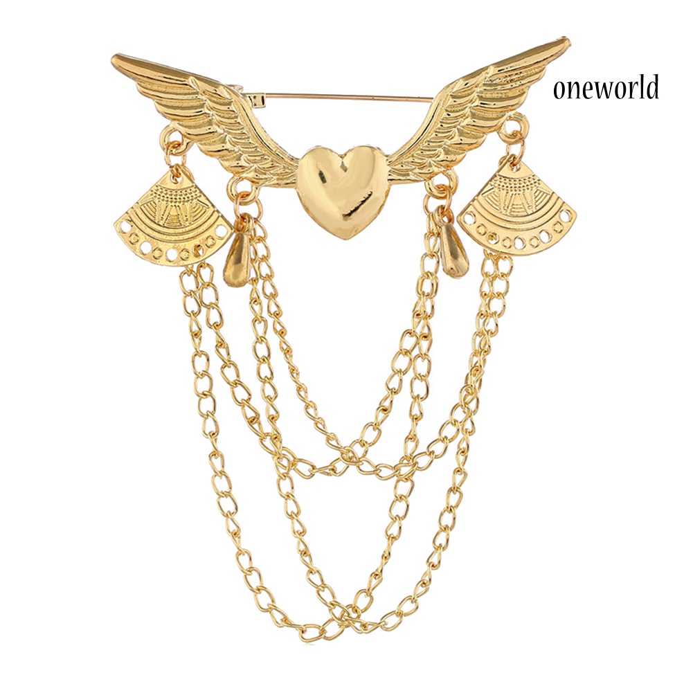 OW@ Retro Angel Wing Heart Shirt Suit Collar Tip Lapel Brooch Pin with Chain Tassel