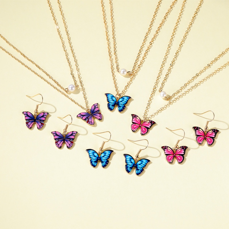 Butterfly Set Kalung Bentuk Kupu-Kupu | Anting Bentuk Kupu-Kupu Warna-Warni Aksen Mutiara Untuk Wanita Butterfly | Aksesoris Rambut Untuk Wanita