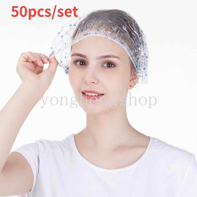 50 Pcs / set Topi Shower Cap Elastis Flexible Sekali Pakai Bahan Plastik Tahan Lama Anti Air Untuk Spa