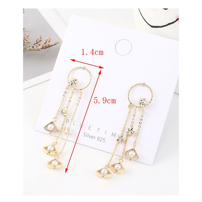 LRC Anting Tusuk Fashion 14k Gold Star Pearl Tassel Round Earrings Y63108