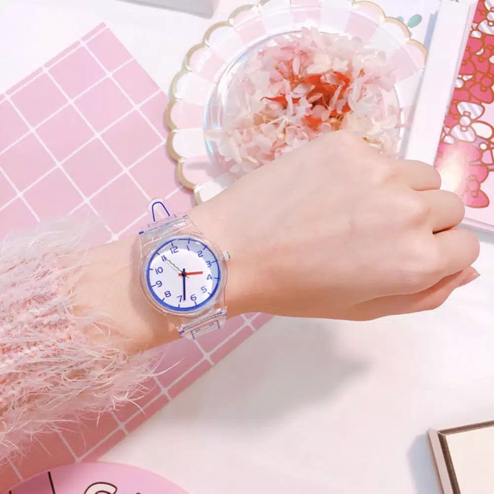Jam Tangan Transparan untuk Wanita Jam Tangan Quartz Analog Dial Jam Tangan Karet Jelly Warna