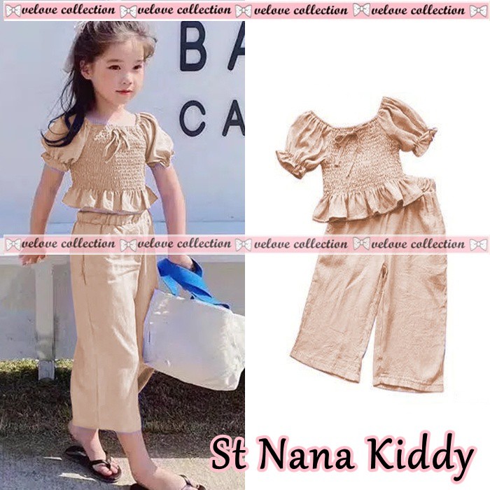 St Nana kids Setelan Chaca Kiddy Sabrina Kerut / Sabrina Serut Anak / Atasan Anak Perempuan / Blouse Korean Style + Celana denim setelan anak usia 3-5tahun