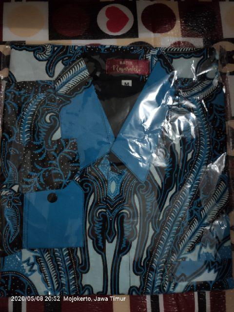 Batik Solo Khairan Biru Kemeja Pria Katun Halus Sragenan Full Furing