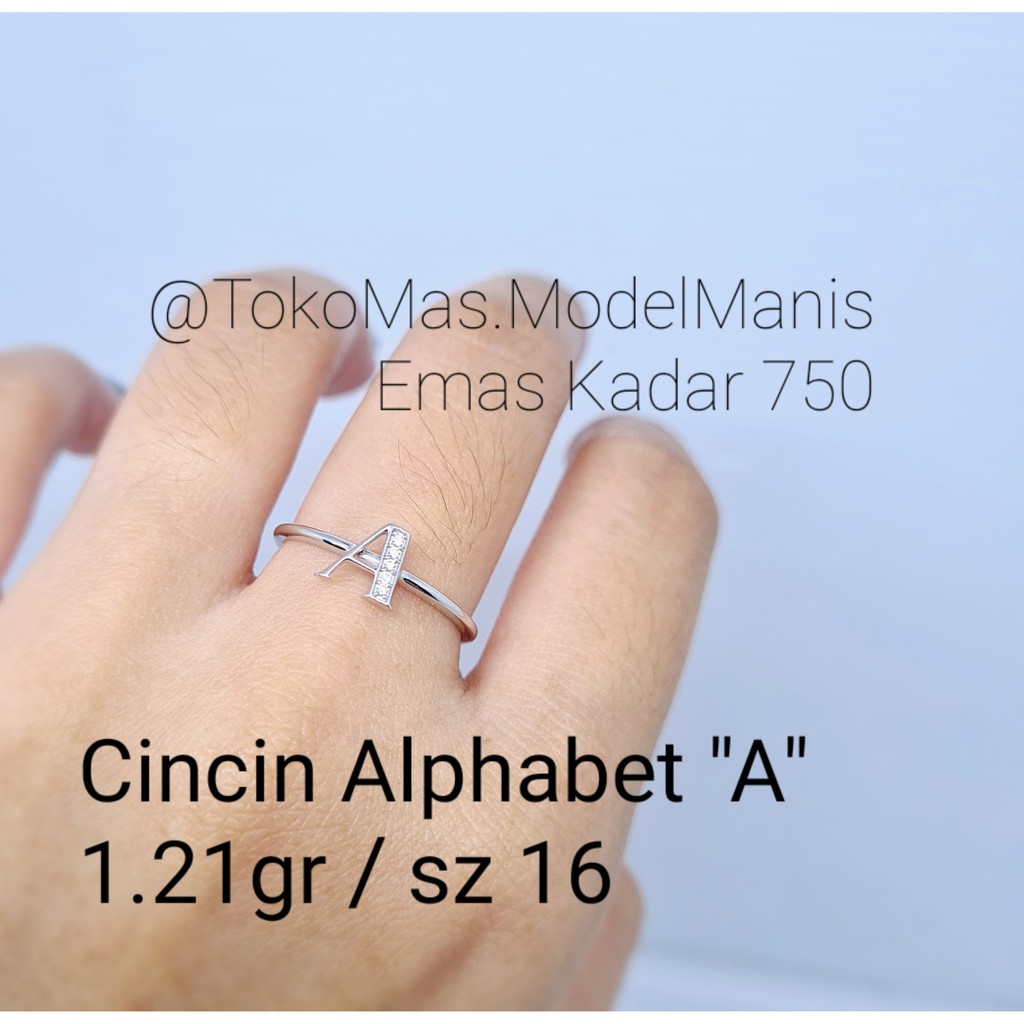 cincin emas putih Alphabet huruf "A" kadar 750 17k