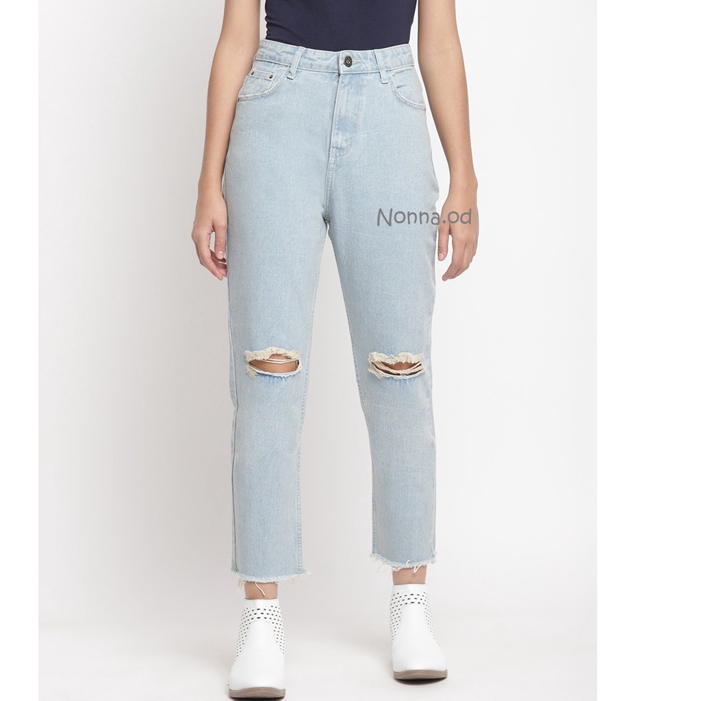 HIGH WAIST CELANA BOYFRIEND JEANS PANJANG WANITA SOBEK GARIS LUTUT TERBARU