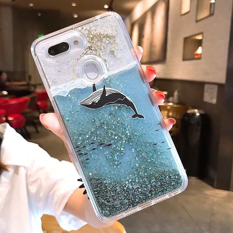 Oppo R9 R11 Plus R15 A59 A57 A83 F5 F7 A3S F9 K1 F11 Pro A12 Realme 5 C2 C3 Whale Glitter Liquid Bling Clear Soft Case-2