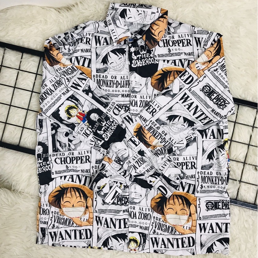 Kemeja Lengan Panjang Luffy Wanted White Anime Manga One Piece Premium Unisex