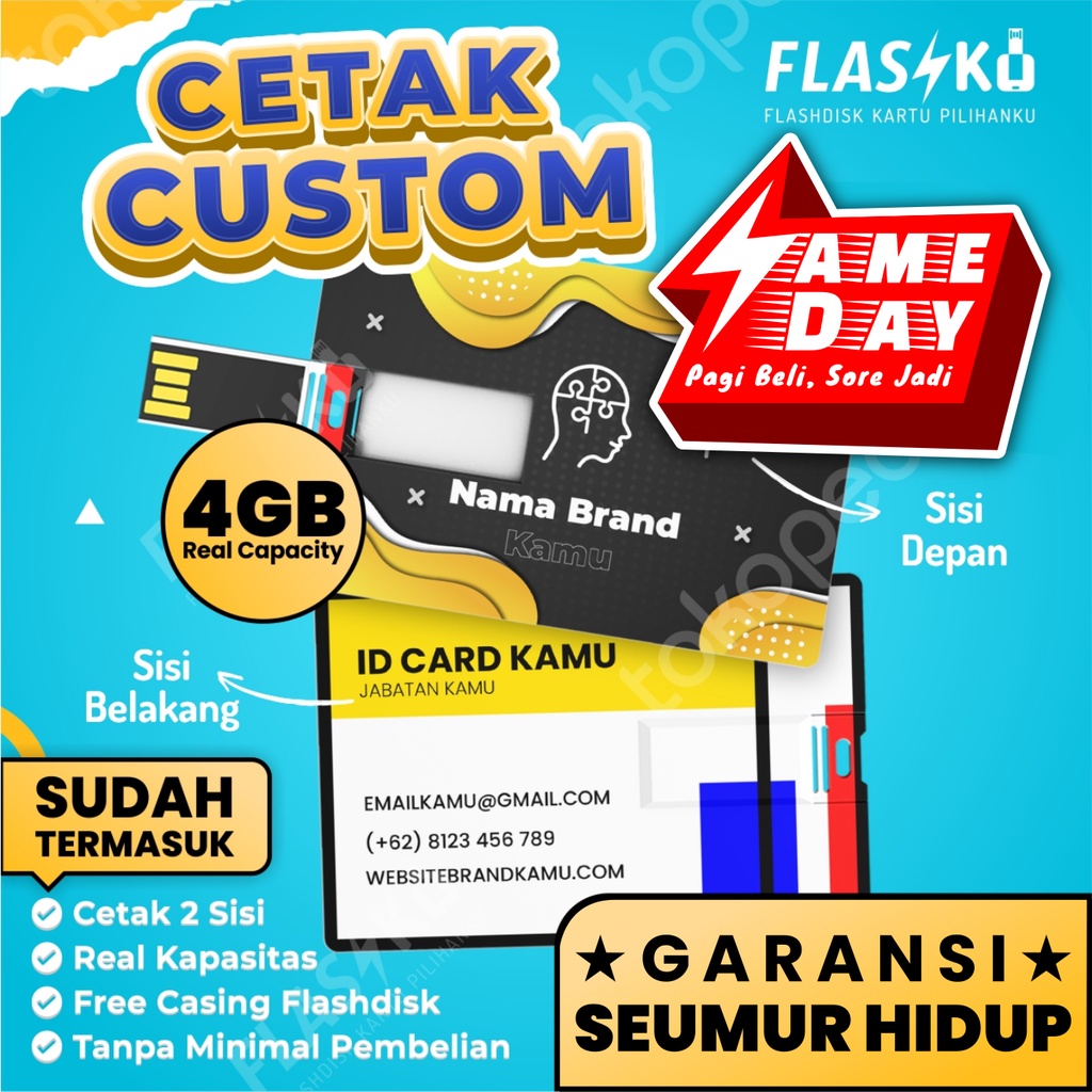 Flashdisk Kartu Custom 4GB - Cetak FD Kartu Custom - Flashdisk ID Card Custom - USB Custom Satuan