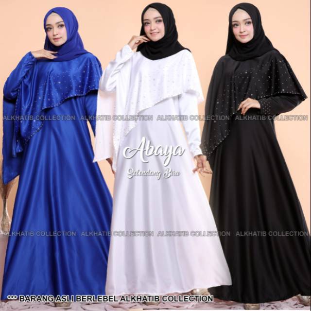 ABAYA UMBRELLA SELENDANG WARNA HITAM PUTIH DAN BIRU RESLETTING TANGAN ALKHATIB COLLECTION