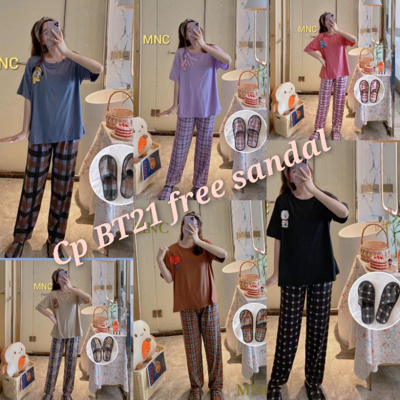 RULIF Baju tidur wanita / Piyama cp wanita baju tidur import korean style BTS/BT21 (free sandal)