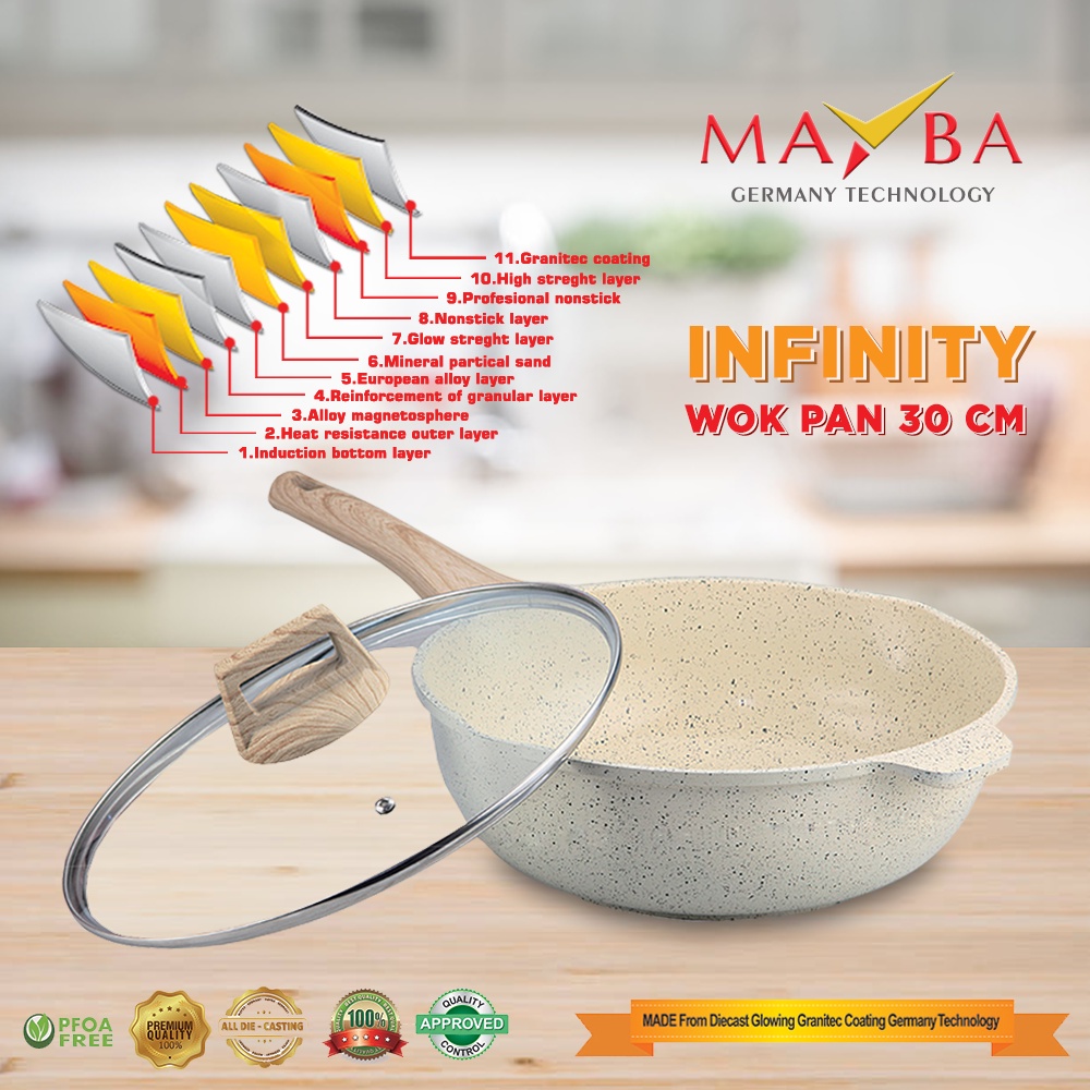 MAYBA GERMANY INFINITY WOK PAN 30CM - Panci Creme Marbel Granit glowing tebal anti lengket