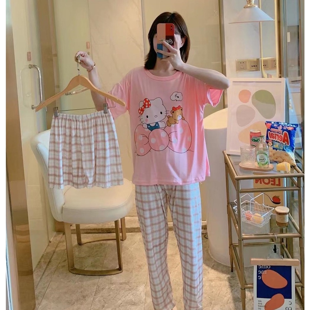 AJW Shop Piyama 3in1 | Piyama Import Dewasa | Setelan Wanita Kekinian | Baju Tidur Wanita Dewasa-Kitty Pink